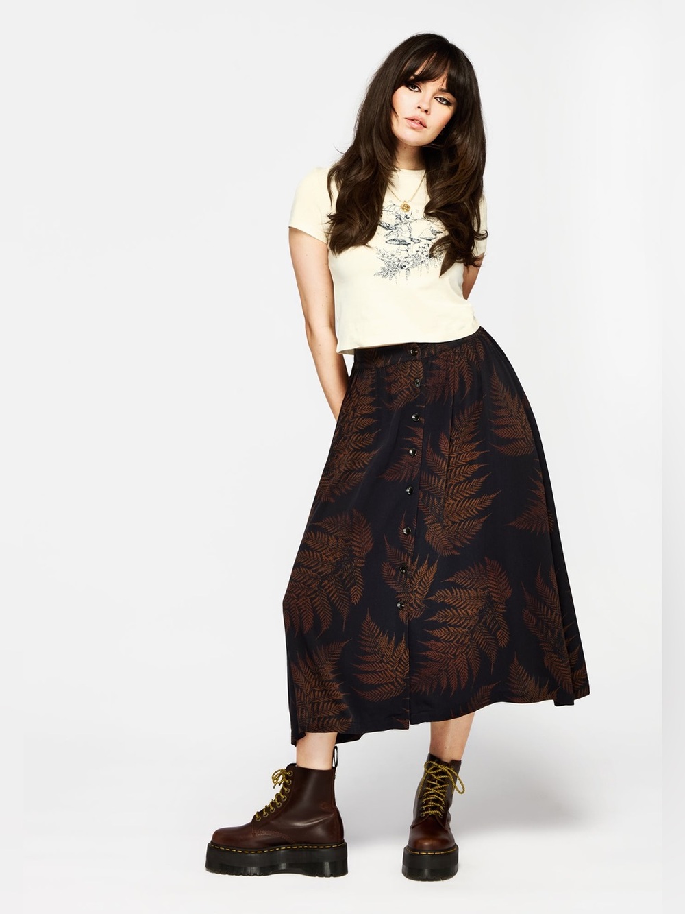 NWT Disturbia Ruin Fern Printed Midaxi Skirt in Brown US 12 / UK 16